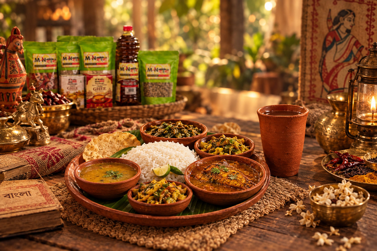 MonBangla Pujo Special Bhog Combo – 11 Bengali Cooking Essentials | Gobindobhog Rice, Moong Dal, Masoor Dal, Ghee, Posto, Mustard Oil, Bengali Spices & Khejur Patali Gur