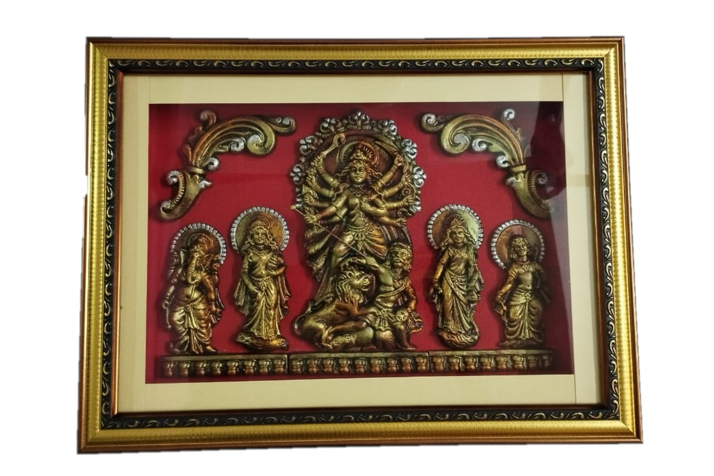 MonBangla Original Terracotta Handicraft│Maa Durga Family│ Framed for wall Hanging Statue│ Krishnagar Mritshilpo
