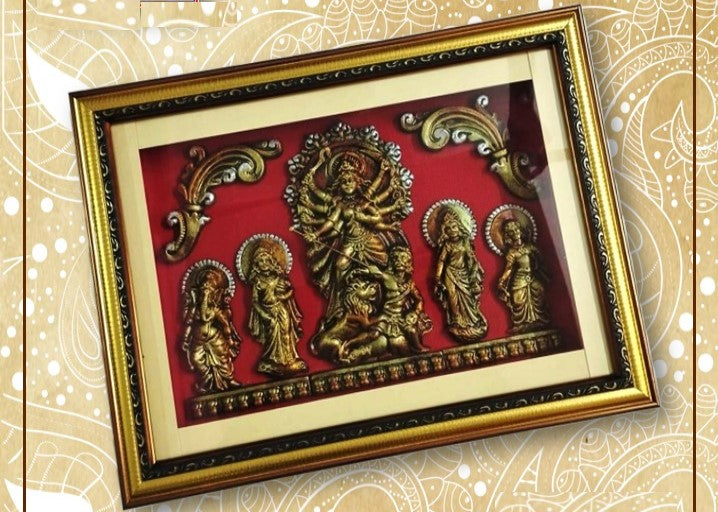 MonBangla Original Terracotta Handicraft│Maa Durga Family│ Framed for wall Hanging Statue│ Krishnagar Mritshilpo