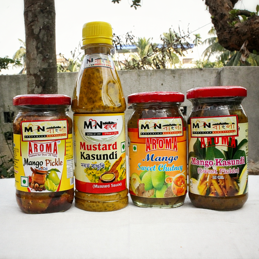 MonBangla Special Achar & Kasundi Super Saver Combo │Original Bengali Kasundi (Mustard Sauce)- 300Gms │Aam Kasundi – 200Gms Bengali │Aamer Misti Achar (Sweet Mango Pickle/Chutney) - 250 GMS  │Aamer Tel Aachar (Mango Pckle/ Tel Achar) - 200 Gms