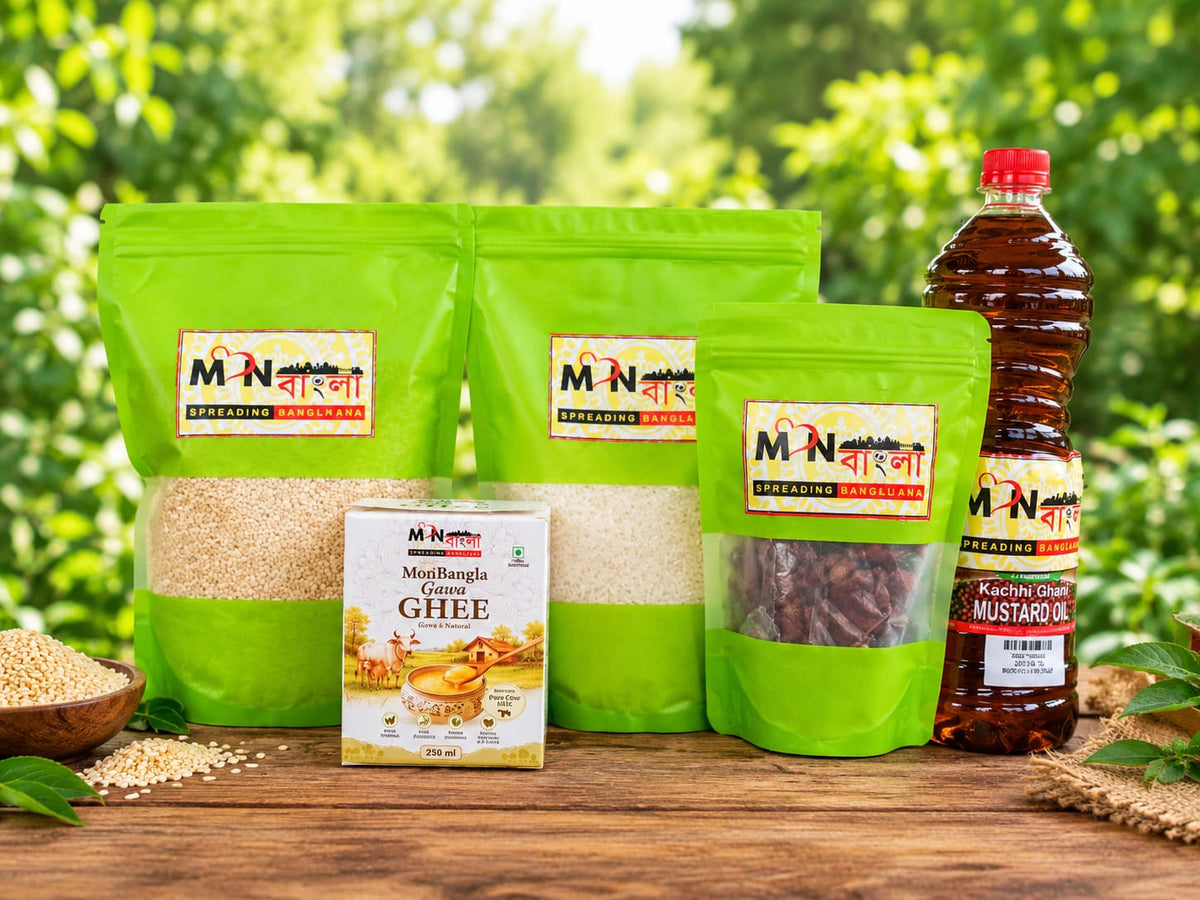 MonBangla Pujo Pantry Combo | Bengali Bhoger Essentials with Gobindobhog Rice, Sona Moong Dal, Gawa Ghee, Whole Garam Masala & Mustard Oil